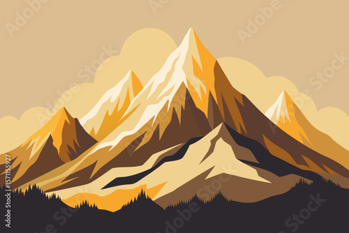Scenic Mountain Range Illustration with Golden Peaks and Forest Silhouette in a Flat Vector Style for Backgrounds
