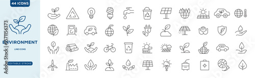 Environment Icon Set. Collection of icons promoting sustainability and eco-friendliness, environmental awareness. Linear icon collection. Editable stroke. Vector illustration
