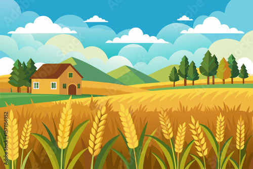 Stylized Farm Landscape with Wheat Field House Trees Mountains and Cloudy Sky in a Flat Vector Illustration