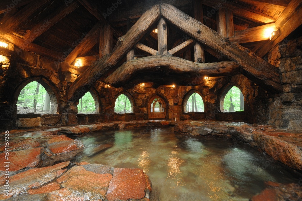 Obraz premium Rustic, stone-walled spa with wooden beams