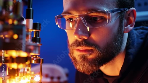 Focused scientist examining advanced machinery with precise instrumentation in modern laboratory environment