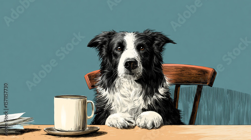 A border collie sitting at a desk with a mug of coffee and some papers nearby