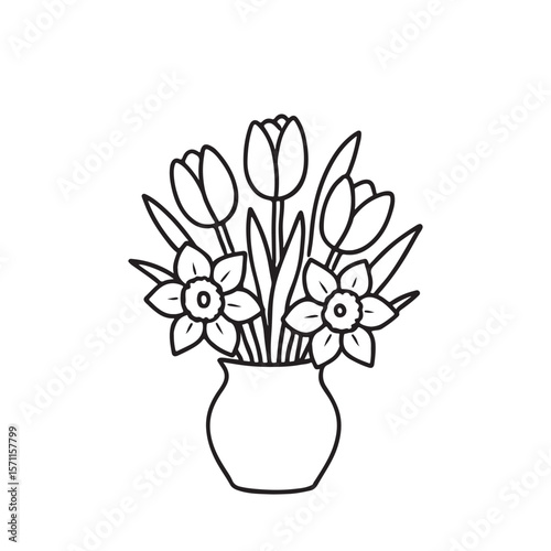 Black and white line drawing of a vase filled with tulips and daffodils isolated on white background.