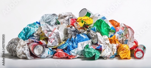 The pile of crumpled waste featuring various recyclable materials and cans.