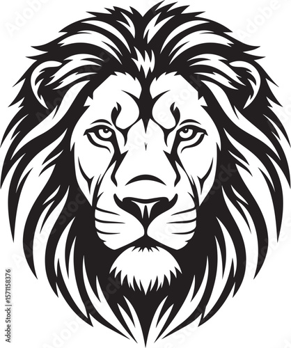 Regal and detailed black and white lion head vector illustration, showcasing its majestic mane and intense gaze, perfect for branding, logos, and symbolic representations of power