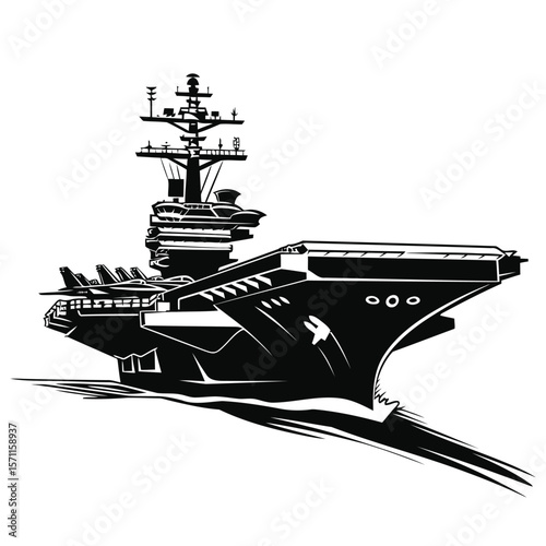 Black and White Illustration of a Large Aircraft Carrier at Sea