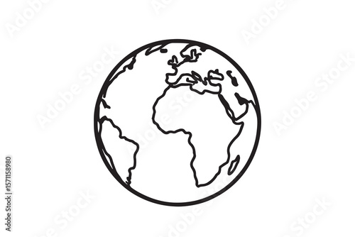Simple black outline drawing of planet earth showing continents on a white background.