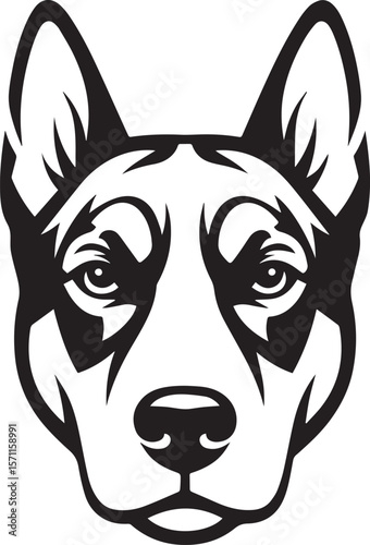 Detailed black and white vector illustration of a dog's head with pointed ears, representing canine loyalty, pet care, animal companionship, and strong breed characteristics for branding