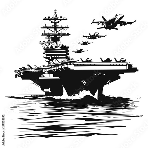 Aircraft carrier with fighter jets flying over water illustration