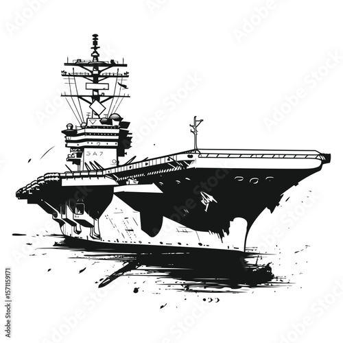 Powerful Aircraft Carrier Ship Illustration with Detailed Deck and Superstructure
