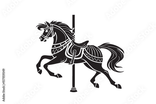 Stylized black carousel horse silhouette with ornate saddle isolated on white background.