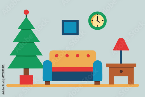 Vector Illustration Of Christmas Living Room With
