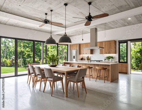 A minimalistic breakfast nook with hidden ceiling strip lights  simple chairs 