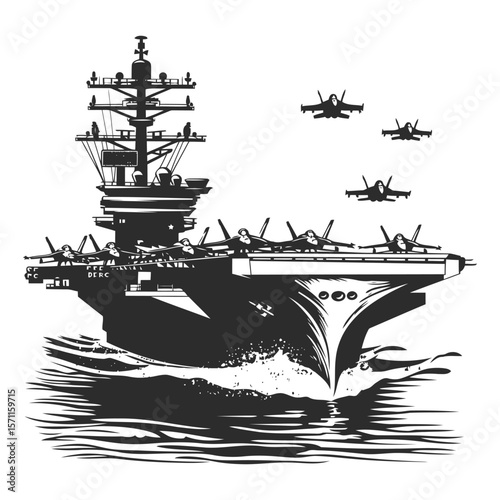 Aircraft Carrier with Fighter Jets in Formation Above the Water