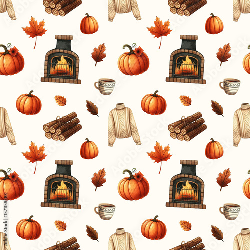 Seamless fall pattern with watercolor pumpkins, fireplace with fire, leaves, cozy knitted sweater, mug or cup of tea, logs tied with rope on a beige background. Perfect for Thanksgiving and Halloween