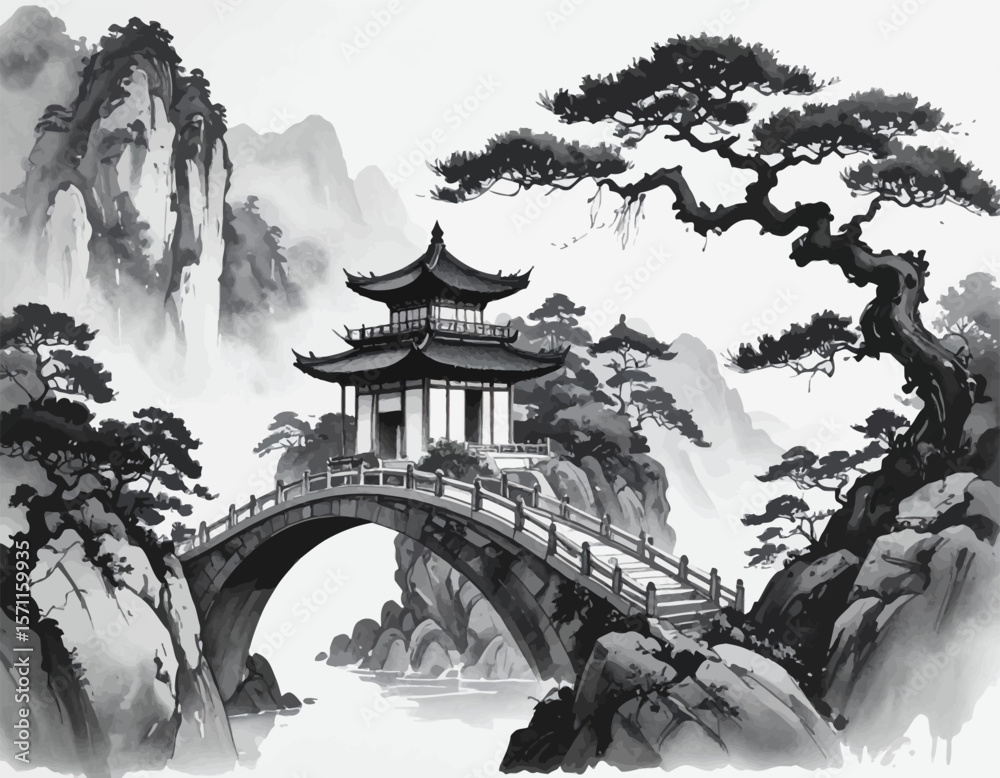 Serene pavilion above stone bridge. Classic Chinese arch bridge art. Watercolor style oriental bridge. Temple on bridge in Chinese hills. Ink wash landscape with pavilion