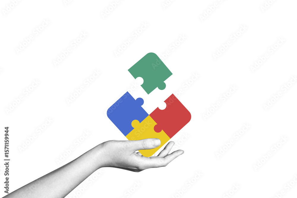 Naklejka premium Modern collage hands connect puzzle pieces. Teamwork concept, business idea, brainstorming. Creative solution. Merger of organizations. Partnership.