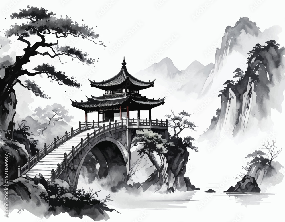 Chinese bridge and pavilion painting. Ink art of oriental arched bridge. Asian temple bridge in misty scene. Mountain bridge with Chinese temple. Traditional ink bridge landscape
