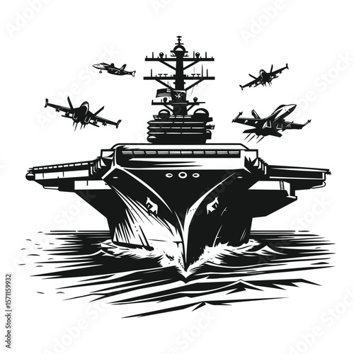 Powerful Aircraft Carrier Sailing Through Waves With Fighter Jets Flying Above