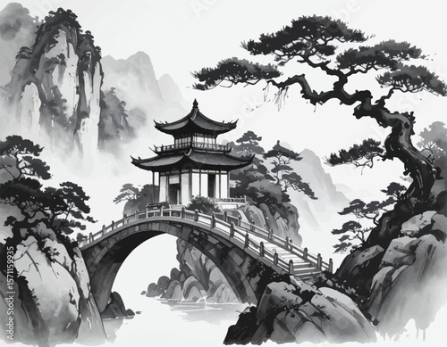 Serene pavilion above stone bridge. Classic Chinese arch bridge art. Watercolor style oriental bridge. Temple on bridge in Chinese hills. Ink wash landscape with pavilion