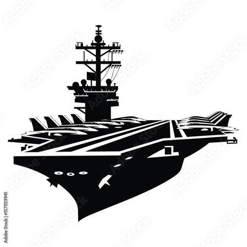 Black and White Silhouette of an Aircraft Carrier Ship Deck