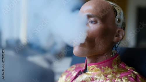 Futuristic humanlike figure blowing vapor in vibrant attire: a cybernetic pose sequence