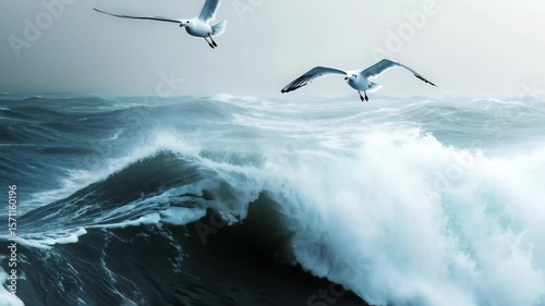 Majestic seagulls glide effortlessly over crashing waves in a dramatic coastal setting. The oceans tumultuous energy contrasts with the serene grace of the birds, creating a captivating moment.