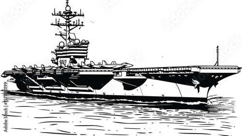 A Detailed Black and White Illustration of a Large Aircraft Carrier at Sea