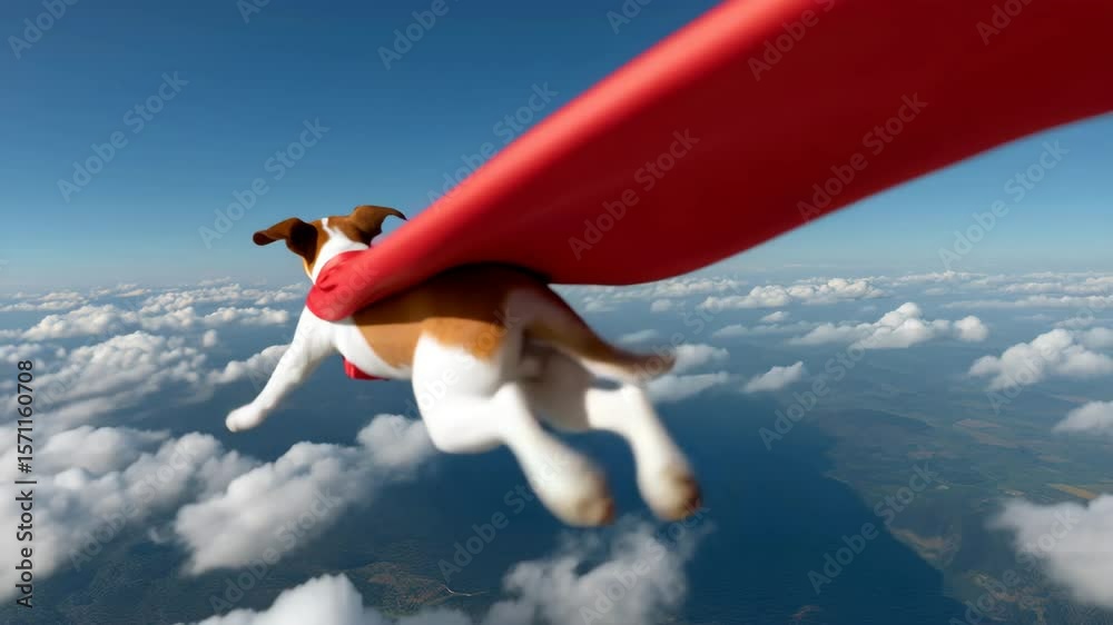 Energetic dog soaring through clouds in red cape above scenic landscape