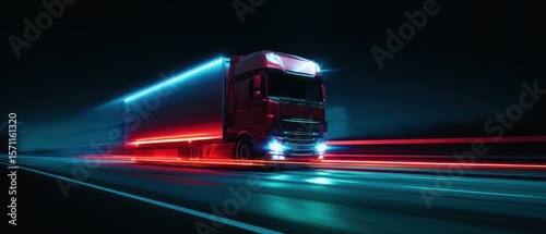 Semi truck speeding on a highway at night
