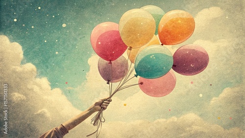 Hand holding multi colored balloons done with a retro vintage instagram filter effect
