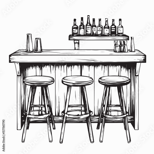 Rustic wooden bar with beer taps and stools image vector on white background.
