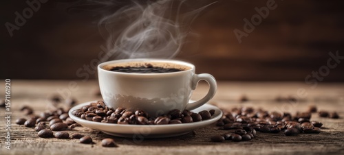 The steaming cup of coffee surrounded by fresh coffee beans on wooden table.