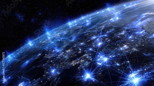 The Earth Illuminated by Digital Connections Over a Starry Background