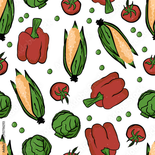 Seamless Farm Vegetable Pattern with Corn, Pepper, Cabbage and Tomato.