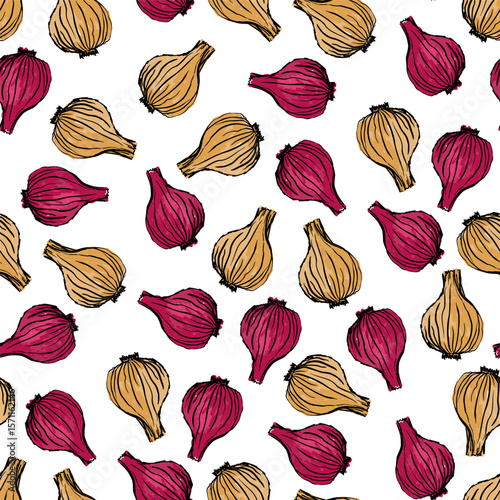 Seamless Onion Pattern with Hand-drawn Red and Yellow Bulbs.