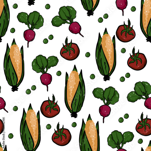 Seamless Hand-drawn Vegetable Pattern with Radish, Tomato, Corn and Leaves.