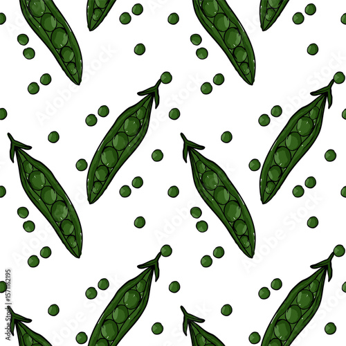 Seamless Pattern of Hand-drawn Green Peas in Pods and Loose Seeds.