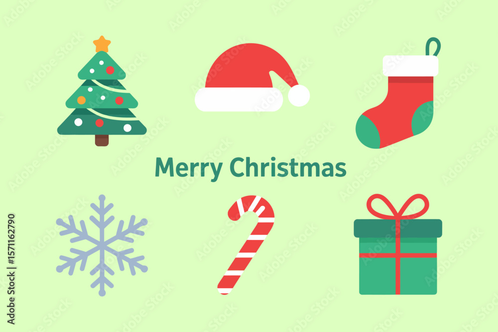 Naklejka premium Christmas icon collection, tree, Santa hat, snowflake, candy cane, gift, modern vector, festive holiday greeting