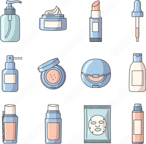 Illustration of various cosmetic products, including lotion, cream, lipstick, dropper, powder, and face mask.