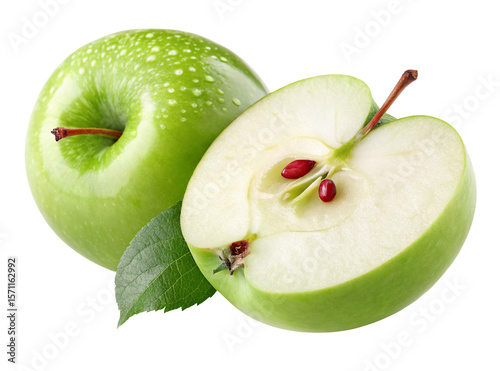 Fresh green apples with juicy sliced halves and vibrant leaves for healthy snacking and cooking