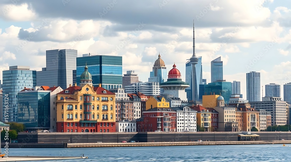 Obraz premium Modern City Skyline with Futuristic and Historical Buildings on White Background | Detailed Urban Architecture Illustration