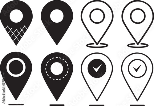 Collection of eight map pin location icons in silhouette style isolated on white background