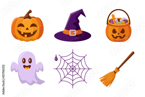 Halloween party icon set, pumpkin, witch hat, ghost, spider web, broom, trick or treat, festive vector, spooky illustration