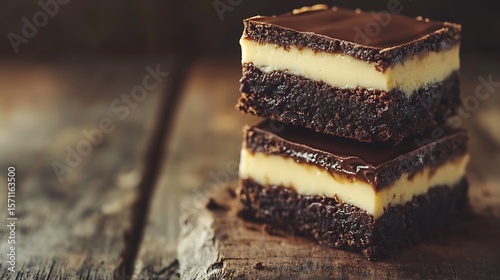 A stack of three-layered nanaimo bars with a crumbly base, 