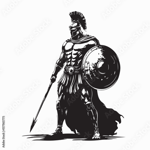 Spartan Warrior Standing Firm Holding a Shield and Spear in Battle Vector Illustration