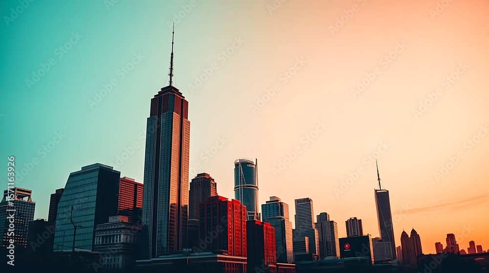 Fototapeta premium City Skyline at Sunset with Colorful Twilight Sky and Silhouetted Skyscrapers in Urban Horizon
