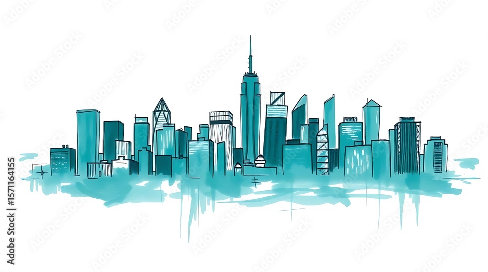 Fototapeta premium Modern City Skyline Illustration with Diverse Architecture on White Background and Clear Detail
