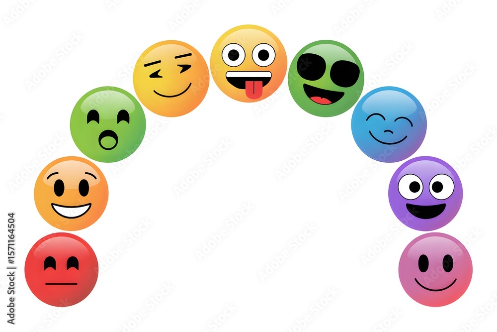 Obraz premium Colorful Emoji Faces Semicircle; Diverse Expressions; Happy, Playful Mood; Vector Illustration; Stock Image.