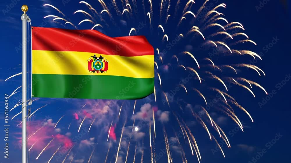 National flag independence state Bolivia, background fireworks. AI Generative